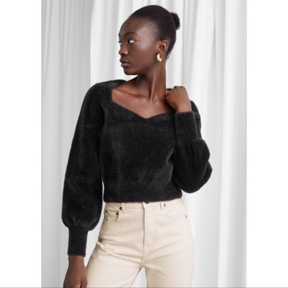 & Other Stories Black V-Neck Fuzzy Balloon-Sleeve Sweater